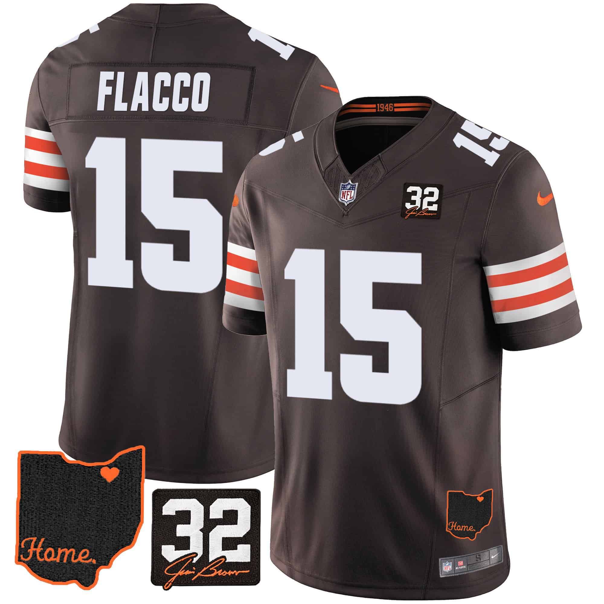 Men Cleveland Browns 15 Flacco Brown Memorial Home Patch 2024 Nike NFL Jersey style 1